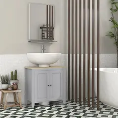 kleankin Under Sink Cabinet, Bathroom Sink Cabinet with 2 Doors, Pedestal Under Sink Design, Freestanding Bathroom Cupboard with Adjustable Shelf, Grey - 2