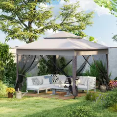 Outsunny 3.25 x 3.25m Pop Up Gazebo, Double-roof Garden Tent with Netting and Carry Bag, Party Event Shelter for Outdoor Patio, Brown and Grey - 2