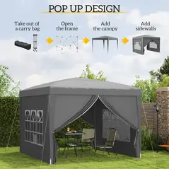 Outsunny 3 x 3 m Garden Pop Up Gazebo, Wedding Party Tent Marquee, Water Resistant Awning Canopy with Sidewalls, Windows, Carry Bag, Grey - 4
