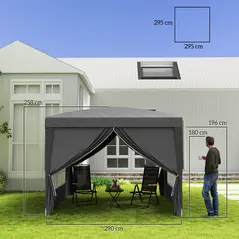 Outsunny 3 x 3 m Garden Pop Up Gazebo, Wedding Party Tent Marquee, Water Resistant Awning Canopy with Sidewalls, Windows, Carry Bag, Grey - 3