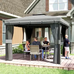 Outsunny 3 x 3(m) Patio Gazebo Canopy Garden Pavilion Tent Shelter Marquee with 2 Tier Roof, Netting and Curtains, Light Grey - 2