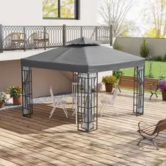 Outsunny 3 x 3(m) Patio Gazebo Canopy Garden Pavilion Tent Shelter with 2 Tier Roof and Mosquito Netting, Steel Frame, Grey - 2
