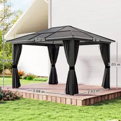 Outsunny 3 x 3.6m Hardtop Gazebo Canopy with Polycarbonate Roof, Aluminium Frame, Permanent Pavilion Garden Gazebo with Netting and Curtains for Patio, Deck, Dark Grey - 3