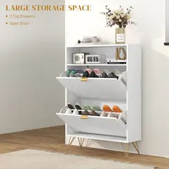 HOMCOM 12 Shoe Storage Cabinet, with Chevron Indents and Gold Tone Accents - White - 5