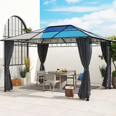 Outsunny Hardtop Gazebo Garden Pavilion with UV Resistant Polycarbonate Roof, Curtains, Steel & Aluminium Frame, 3 x 4m, Grey - 2