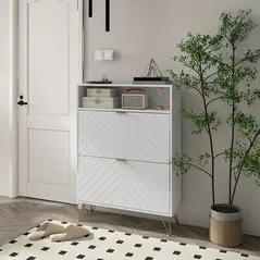 HOMCOM 12 Shoe Storage Cabinet, with Chevron Indents and Gold Tone Accents - White - 2