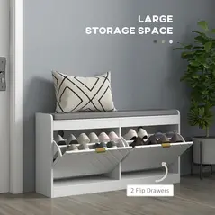 HOMCOM Shoe Storage with Seat, Upholstered Entryway Bench, Shoe Bench with 2 Flip Drawers and 4 Vents for 8 Pairs of Shoes - 4