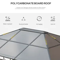 Outsunny Hardtop Gazebo Garden Pavilion with UV Resistant Polycarbonate Roof, Curtains, Steel & Aluminium Frame, 3 x 4m, Grey - 4