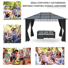 Outsunny Hardtop Gazebo Garden Pavilion with UV Resistant Polycarbonate Roof, Curtains, Steel & Aluminium Frame, 3 x 4m, Grey - 7
