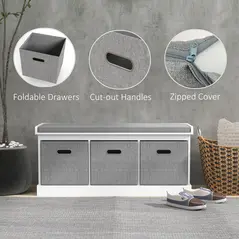 HOMCOM Three-Drawer Shoe Storage Bench, with Padded Top Seat - White - 6