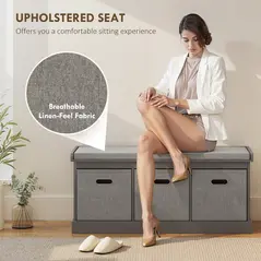 HOMCOM Three-Drawer Shoe Storage Bench, with Padded Top Seat - Grey - 4