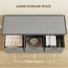 HOMCOM Three-Drawer Shoe Storage Bench, with Padded Top Seat - Grey - 5