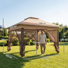 Outsunny 3.6 x 3.6 m Pop up Gazebo with Netting, Height Adjustable Party Tent Instant Canopy Sun Shade Shelter, Khaki - 3