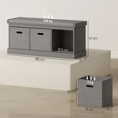 HOMCOM Three-Drawer Shoe Storage Bench, with Padded Top Seat - Grey - 3