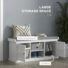 HOMCOM Multi-Compartment Shoe Storage Bench, with Top Cushion - White/Grey - 5