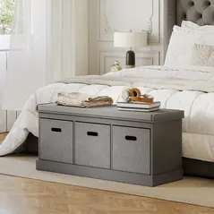HOMCOM Three-Drawer Shoe Storage Bench, with Padded Top Seat - Grey - 7