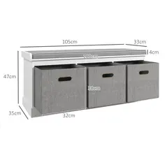 HOMCOM Three-Drawer Shoe Storage Bench, with Padded Top Seat - White - 3