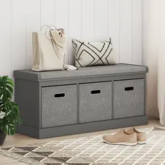 HOMCOM Three-Drawer Shoe Storage Bench, with Padded Top Seat - Grey - 8