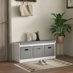 HOMCOM Three-Drawer Shoe Storage Bench, with Padded Top Seat - White - 2