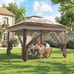 Outsunny 3.6 x 3.6 m Pop up Gazebo with Netting, Height Adjustable Party Tent Instant Canopy Sun Shade Shelter, Khaki - 9