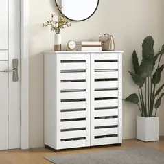 HOMCOM Narrow Shoe Cabinet for Entryway, 5-Tier Slim Shoe Storage Cabinet with 2 Slatted Doors and Adjustable Shelves - 2