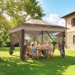 Outsunny 3.6 x 3.6 m Pop up Gazebo with Netting, Height Adjustable Party Tent Instant Canopy Sun Shade Shelter, Khaki - 2