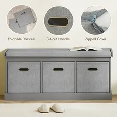 HOMCOM Three-Drawer Shoe Storage Bench, with Padded Top Seat - Grey - 6
