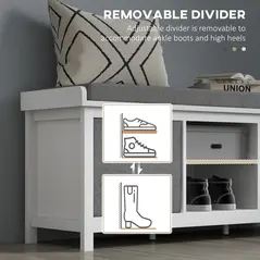 HOMCOM Shoe Storage Bench, with Cushion Seat - White/Grey - 7