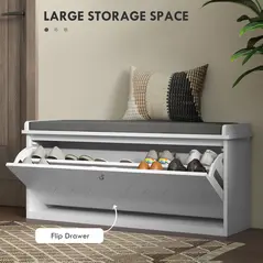 HOMCOM 10-Shoe Storage Bench, with Padded Top Seat - White/Grey - 4