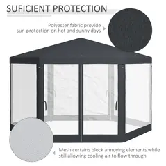 Outsunny 4M Hexagon Gazebo, Netting Party Tent, Patio Canopy Outdoor Event Shelter for Activities, Shade Resistant, Dark Grey - 4