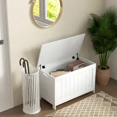 HOMCOM Storage Chest, Modern Storage Trunk with 2 Safety Hinges and Cut-out Handles, Wooden Toy Box for Living Room, Entryway, 76 x 40 x 48 cm, White - 2