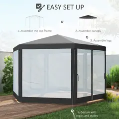 Outsunny 4M Hexagon Gazebo, Netting Party Tent, Patio Canopy Outdoor Event Shelter for Activities, Shade Resistant, Dark Grey - 7