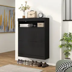 HOMCOM 16 Shoe Pair Storage Cabinet, with Flip Doors - High Gloss Black - 7