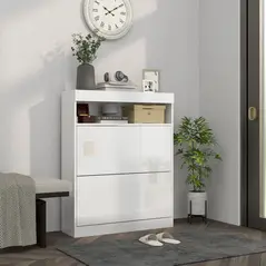 HOMCOM 16 Shoe Pair Storage Cabinet, with Flip Doors - High Gloss White - 2