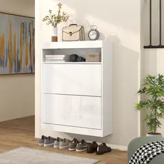 HOMCOM 16 Shoe Pair Storage Cabinet, with Flip Doors - High Gloss White - 7