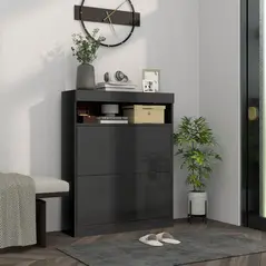 HOMCOM 16 Shoe Pair Storage Cabinet, with Flip Doors - High Gloss Black - 2