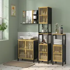 HOMCOM Bamboo-Blend Retro Cut-Out Tall Bathroom Storage Unit - 2