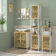 HOMCOM Bamboo-Blend Retro Cut-Out Under Sink Cabinet - 2