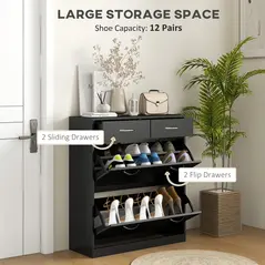 HOMCOM Narrow Shoe Storage with 2 Flip Drawers and Adjustable Shelves Shoe Cabinet Organizer for 12 Pairs of Shoes, Black - 4