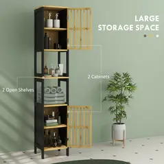 HOMCOM Bamboo-Blend Retro Cut-Out Tall Bathroom Storage Unit - 4
