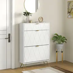 HOMCOM Two Flip Drawer Narrow Shoe Cabinet - White - 2