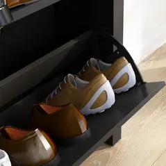 HOMCOM 2 Drawer Shoe Cabinet Modern Narrow Shoe Cupboard Hallway Wooden Storage Organiser with Flip Doors Adjustable Shelf for 6-12 Pairs, Black - 8
