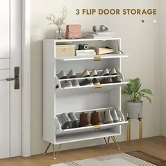 HOMCOM Two Flip Drawer Narrow Shoe Cabinet - White - 4