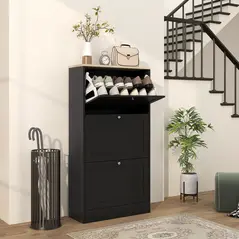 HOMCOM Modern Compact Three-Drawer Shoe Storage Cabinet - Black - 2