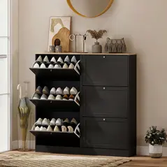 HOMCOM Modern Compact Three-Drawer Shoe Storage Cabinet - Black - 8