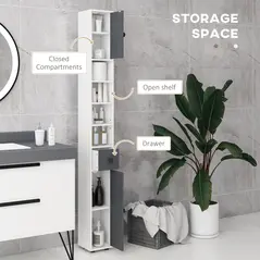 kleankin 180cm Slim Bathroom Cabinet, with Drawer, Shelves and Cupboards - Grey - 4