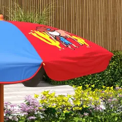 Outsunny 4 Piece Kids Garden Furniture Set with Adjustable Canopy, Cowboy Themed, Kids Garden Table and Chair Set and Double Seat Swing Chair for Patio Park Porch, for Ages 3-6 Years - Red and Blue - 9