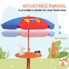 Outsunny 4 Piece Kids Garden Furniture Set with Adjustable Canopy, Cowboy Themed, Kids Garden Table and Chair Set and Double Seat Swing Chair for Patio Park Porch, for Ages 3-6 Years - Red and Blue - 4