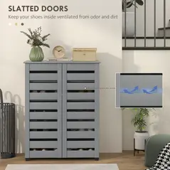 HOMCOM Narrow Shoe Cabinet for Entryway, 5-Tier Slim Shoe Storage Cabinet with 2 Slatted Doors and Adjustable Shelves Grey - 5