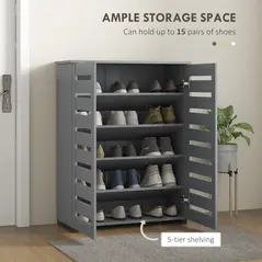HOMCOM Narrow Shoe Cabinet for Entryway, 5-Tier Slim Shoe Storage Cabinet with 2 Slatted Doors and Adjustable Shelves Grey - 4